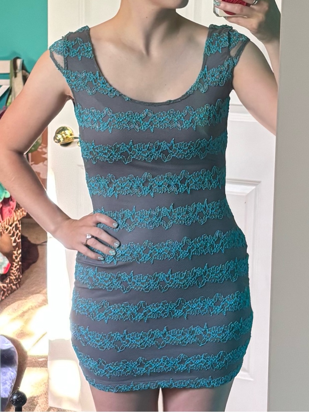 Candie's Gray Dress with Teal Lace Stripes